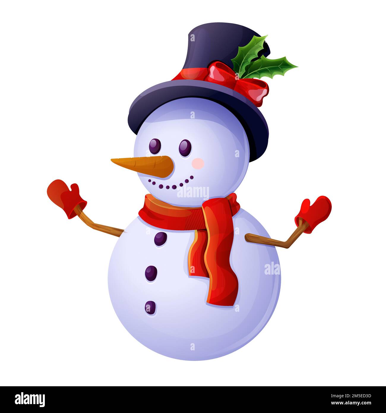 Cute snowman with top hat, scarf, emotional happy face in cartoon style isolated on white background. Christmas character, winter decoration. Vector illustration Stock Vector