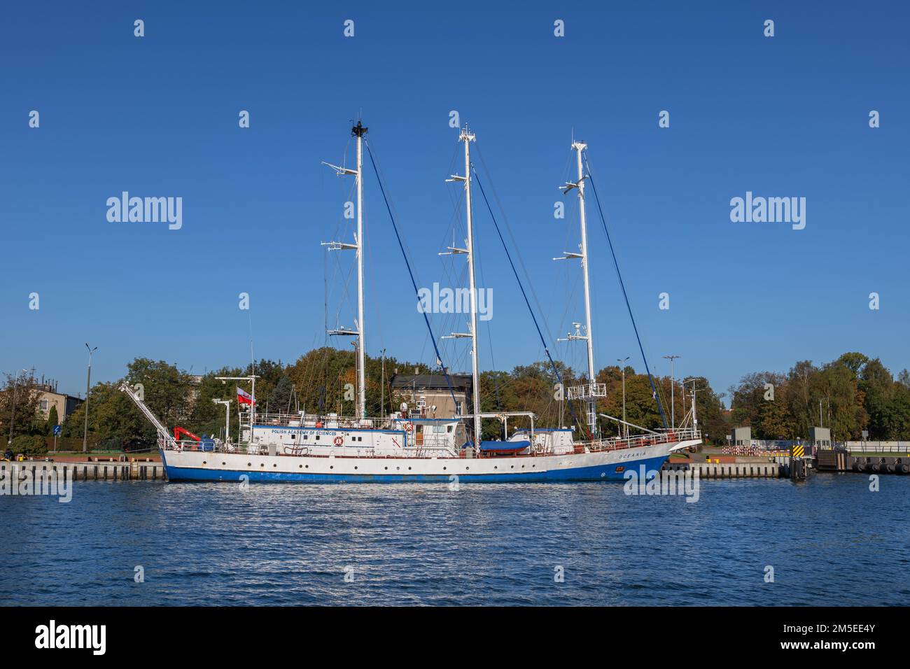 RV Oceania (SY Oceania) tall ship, owned by the Polish Academy of Sciences (PAN), used as a research vessel, moored in port of Gdansk, Poland. Stock Photo