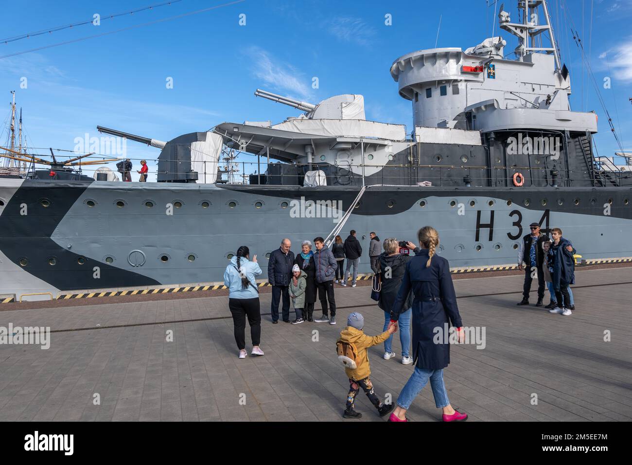 Port of Gdynia, Poland, People at the ORP Błyskawica (Lightning) Grom-class destroyer warship of the Polish Navy which served during the World War II. Stock Photo