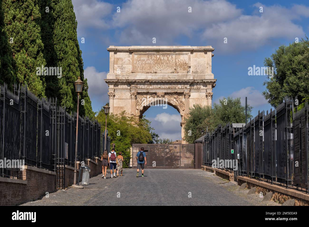 Rome, Italy, Arch of Titus (Italian: Arco di Tito; Latin: Arcus Titi) at the entrance to Roman Forum, ancient city landmark built in AD 81 by the Empe Stock Photo