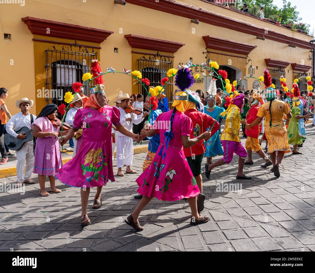 The Danza de los Jardineros dance troupe from San Andres Zautla performs during the Guelaguetza festival in Oaxaca, Mexico. Stock Photo