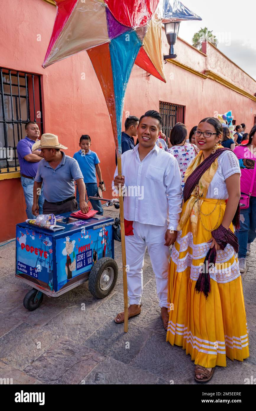 Dancers from the Chinas Oaxaquenas dance troupe at the Guelagetza dance festival in Oaxaca, Mexico. Stock Photo