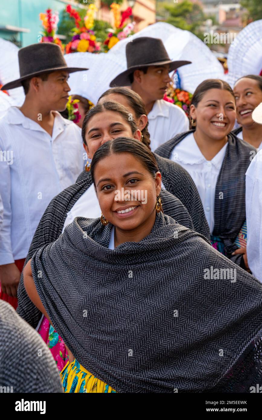 Dancers in traditional dress from Miahuatlan at the Guelaguetza dance