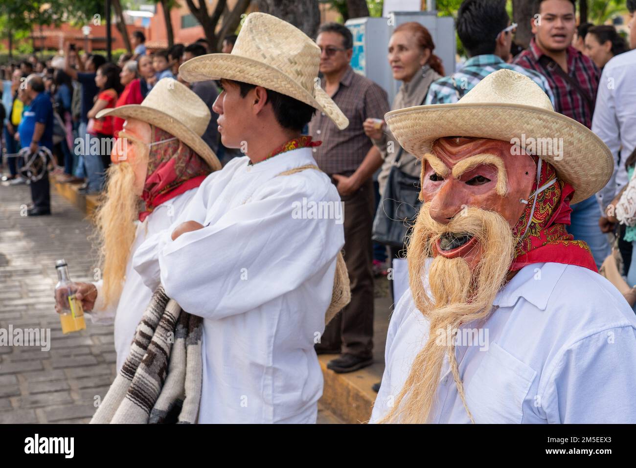 The Danza de los Jardineros dance troupe from San Andres Zautla performs during the Guelaguetza festival in Oaxaca, Mexico.  Two of the characters wea Stock Photo