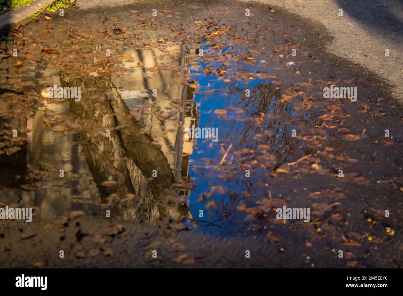 Reims, France - December 27, 2022 Reflection of the city environment in a puddle of water in the streets of Reims, Capital of Champagne in France Stock Photo