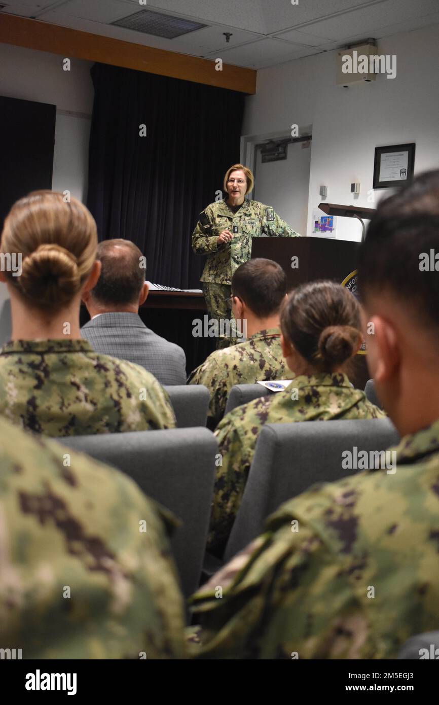 Norfolk, Va. - Vice Adm. Kelly Aeschbach, commander, Naval Information Forces, addresses the graduating class of Warfare Tactics Instructors (WTI) at the Patching ceremony held at NIWDC’s auditorium.     (Official U.S. Navy photo / Released) Stock Photo