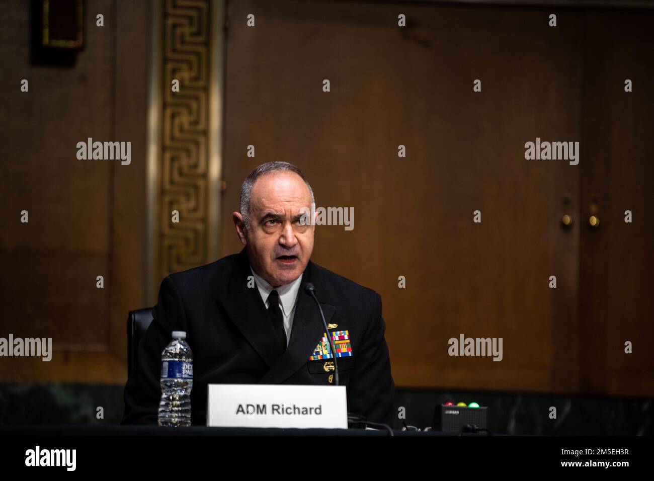 Navy Adm. Charles “Chas” A. Richard, commander, U.S. Strategic Command provides testimony at a Senate Armed Services Committee hearing in review of the fiscal 2023 Defense Authorization Request and the Future Years Defense Program, alongside Army Gen. James H. Dickinson, commander, U.S. Space Command at the SD-G50 Dirksen Senate Office Building, Washington, D.C. March 8, 2022. Stock Photo