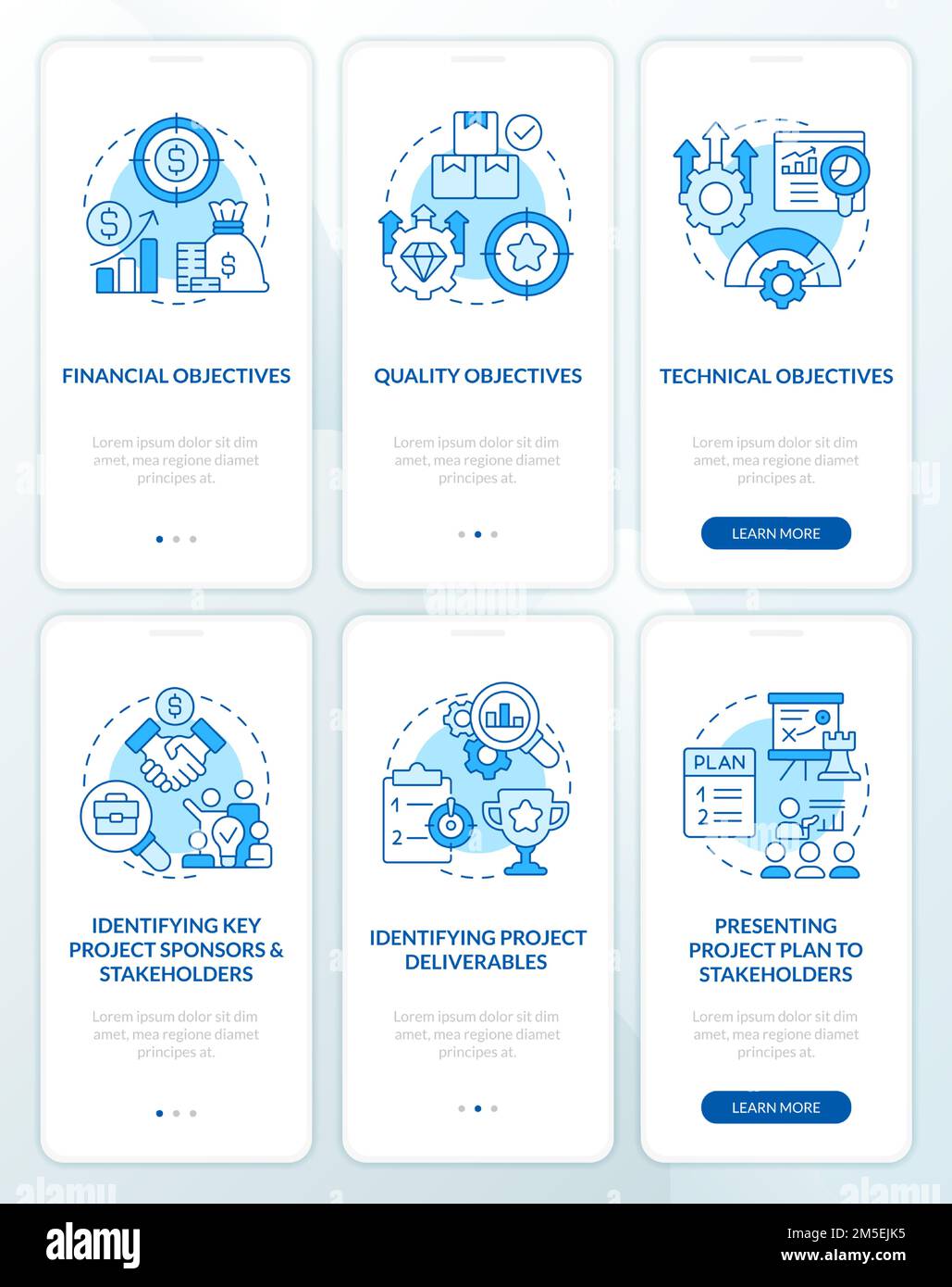 Project management processes blue onboarding mobile app screens set Stock Vector