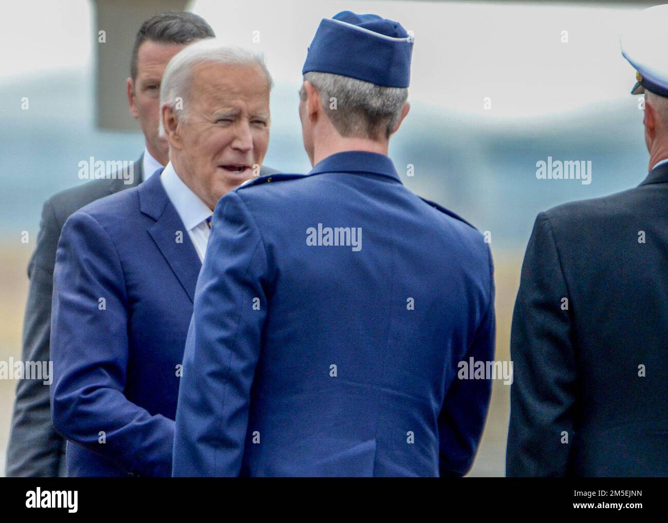 President Joe Biden greets Maj. Gen. Bryan Radliff, 10th Air Force commander, along with other dignitaries during a recent stop over at Naval Air Station Joint Reserve Base Fort Worth, Texas, on March 8, 2022. President of the United States Joe Biden arrived at NAS JRB Fort Worth during a visit to Fort Worth addressing veteran care. Stock Photo