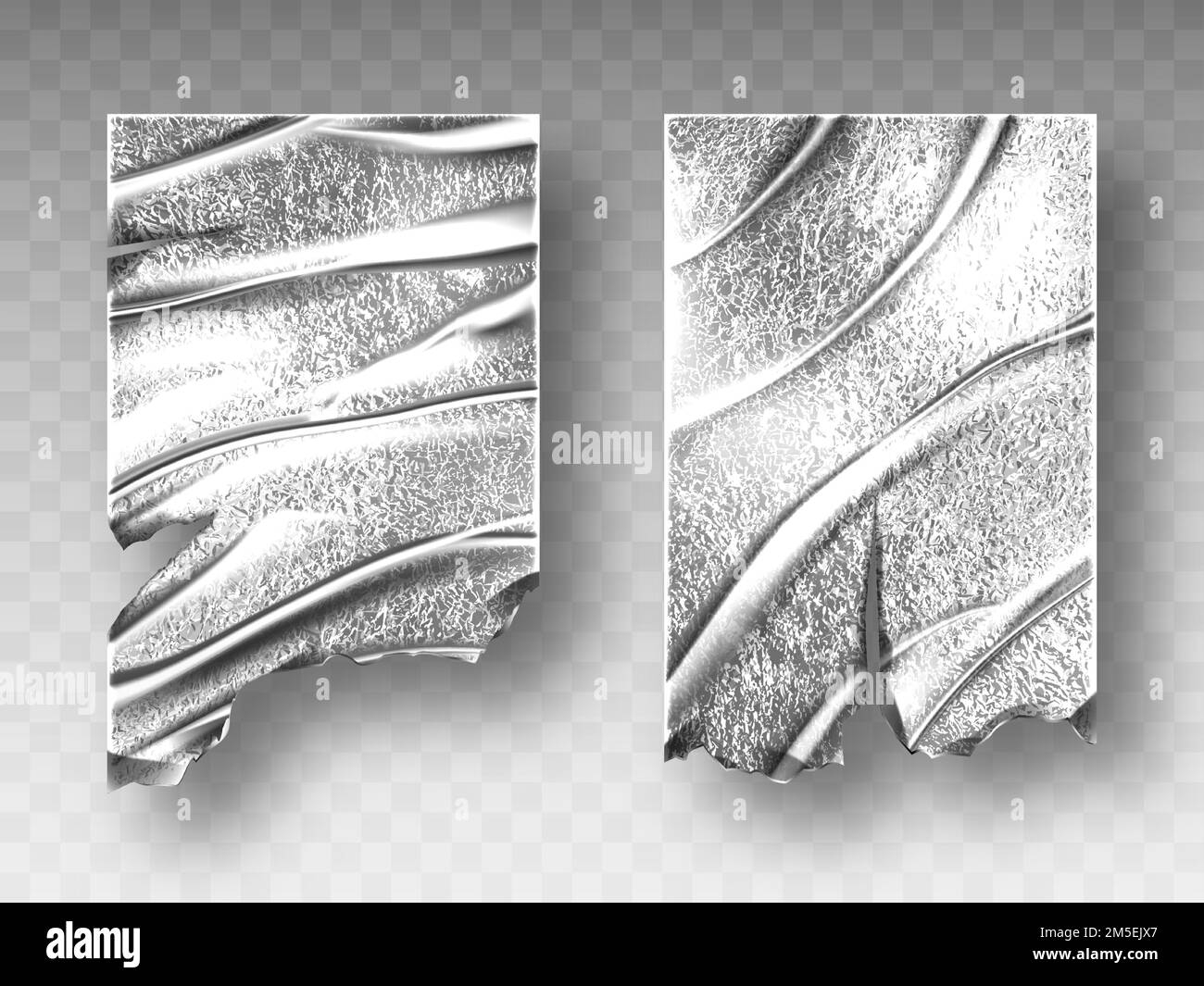 Silver foil, crumpled metal texture with ragged edge isolated on transparent background, aluminum or steel folded curtain, wrapping paper sheets, wrinkled shiny material, Realistic 3d vector tinfoil Stock Vector