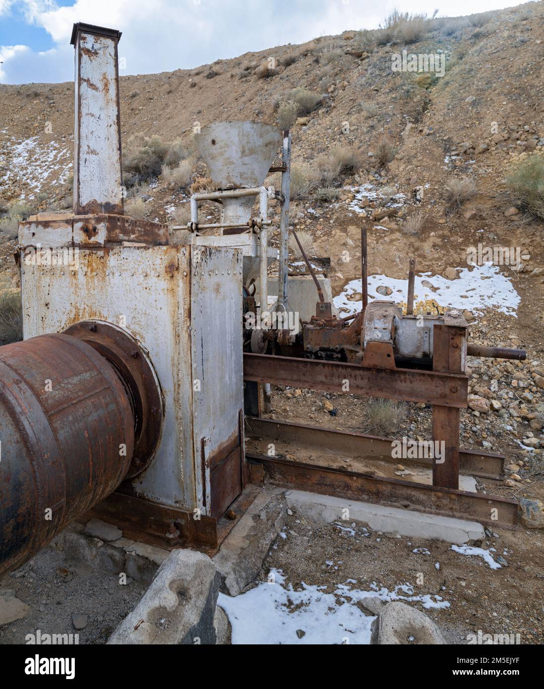 The connection of a large rusty pipe at an abandoned mercury mine ...