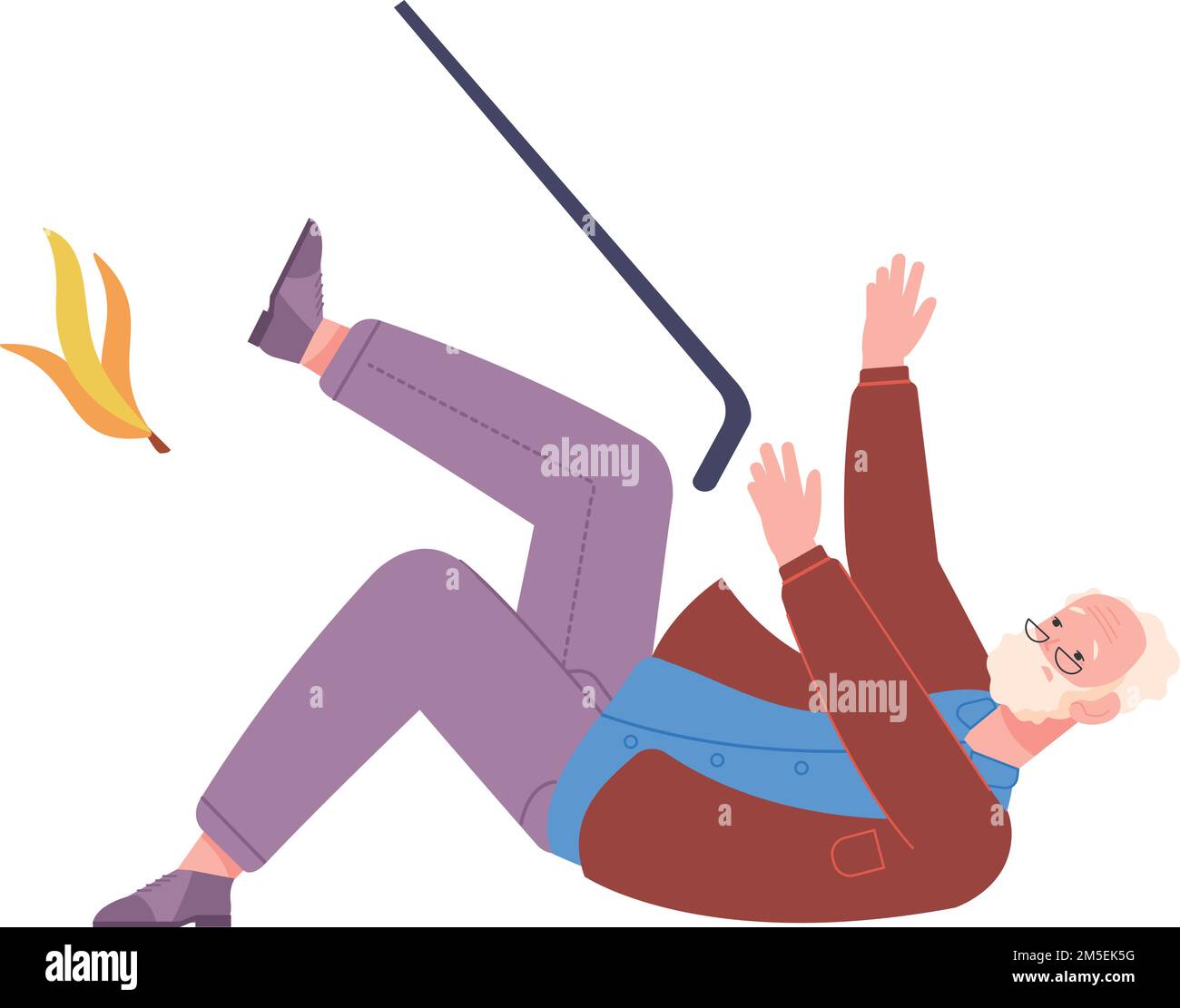 Old man slip on banana peel. Falling down accident isolated on white