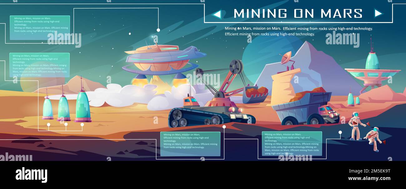 Mining on Mars infographics. Planet and space colonization, excavator and truck driving near alien futuristic buildings and astronauts. minerals exploration and extraction, Cartoon vector illustration Stock Vector