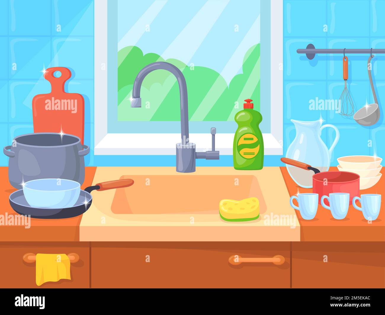 Clean shiny dishes in kitchen sink cartoon interior. Vector illustration  Stock Vector Image & Art - Alamy