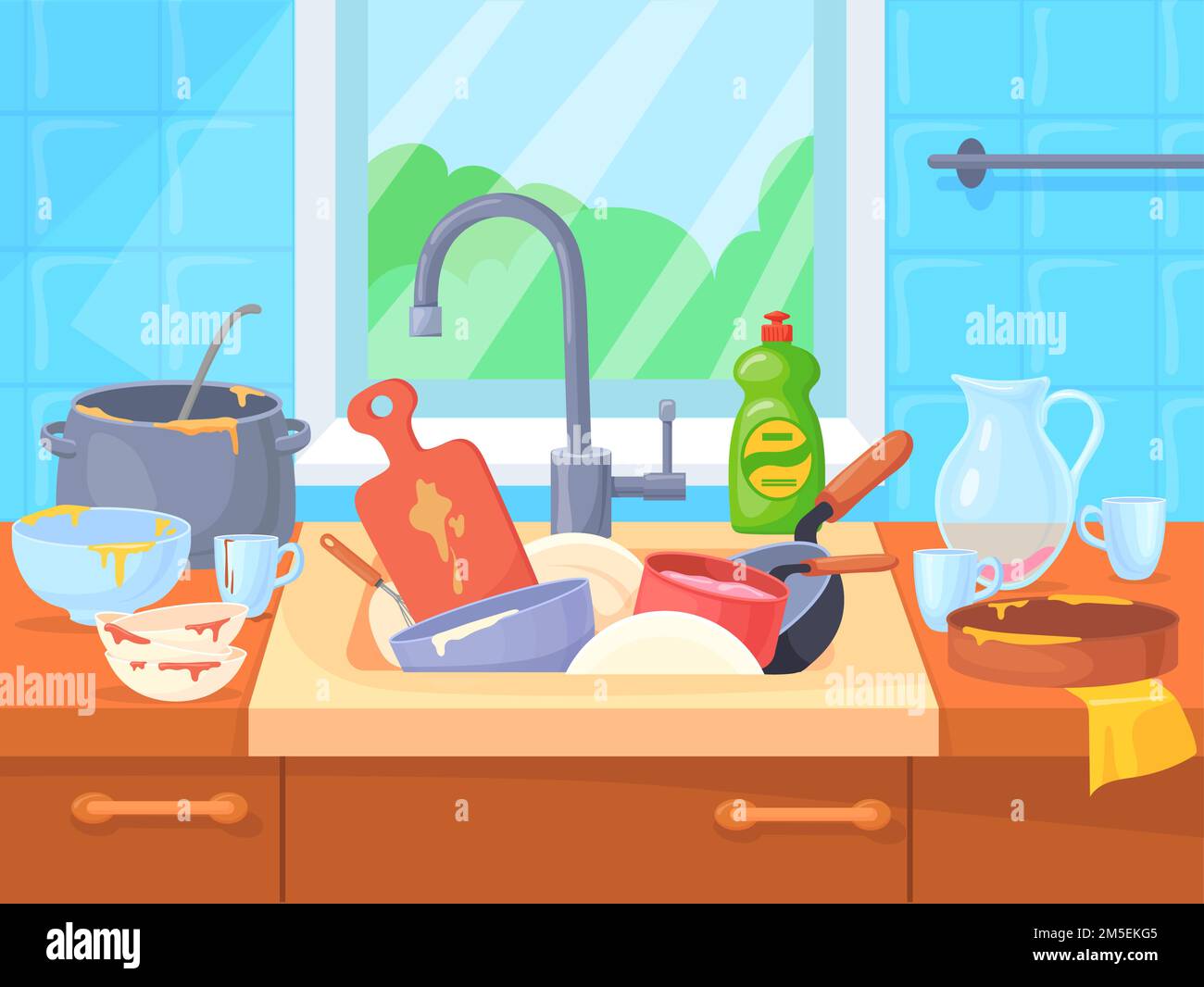 Messy sink with dirty dishes. Cartoon kitchen interior isolated on white  background Stock Vector Image & Art - Alamy