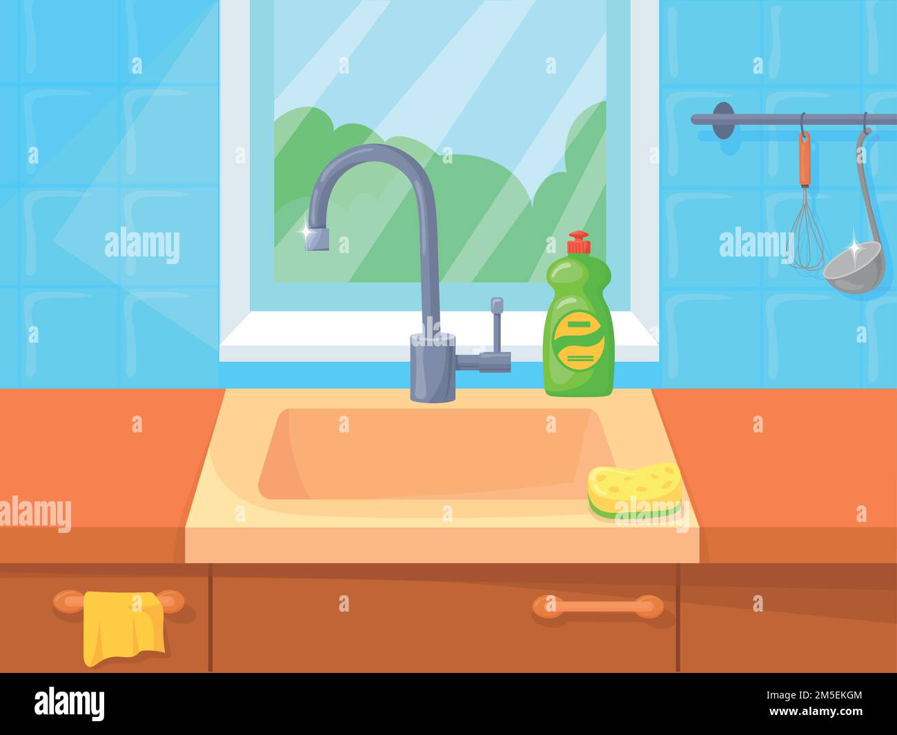 Empty sink. Cartoon kitchen interior. Home washstand. Vector illustration Stock Vector