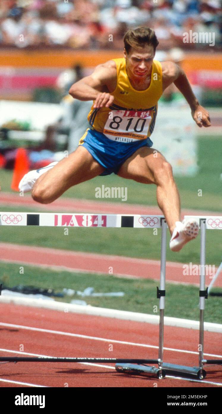 OLYMPIC SUMMER GAMES IN LOS ANGELES 1984 SVEN NYLANDER Sweden at 400 m hurdle at Los Angeles 1984 where he finish four Stock Photo