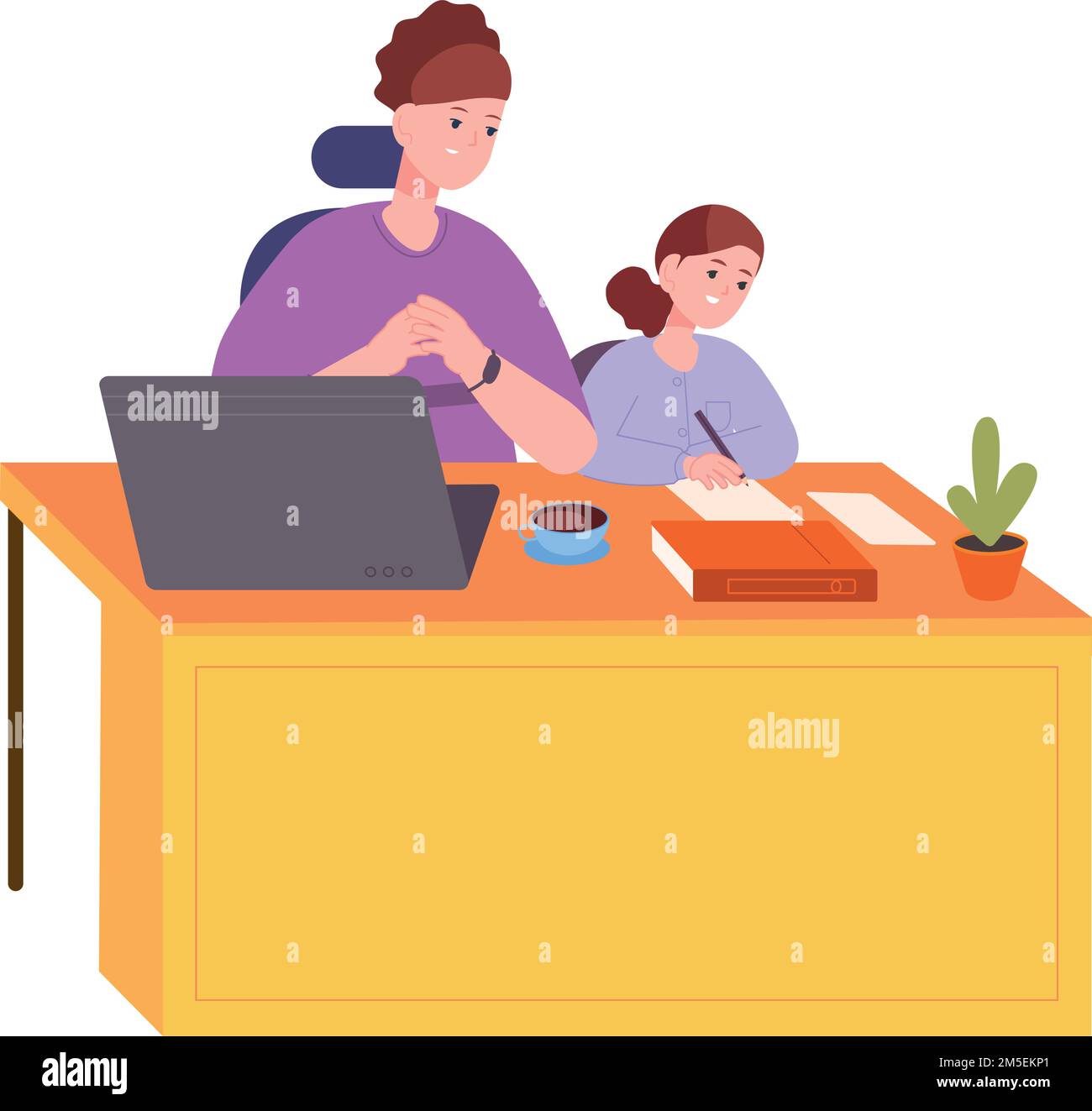 Mom helping girl doing homework. Kid and parent studying together isolated on white background Stock Vector