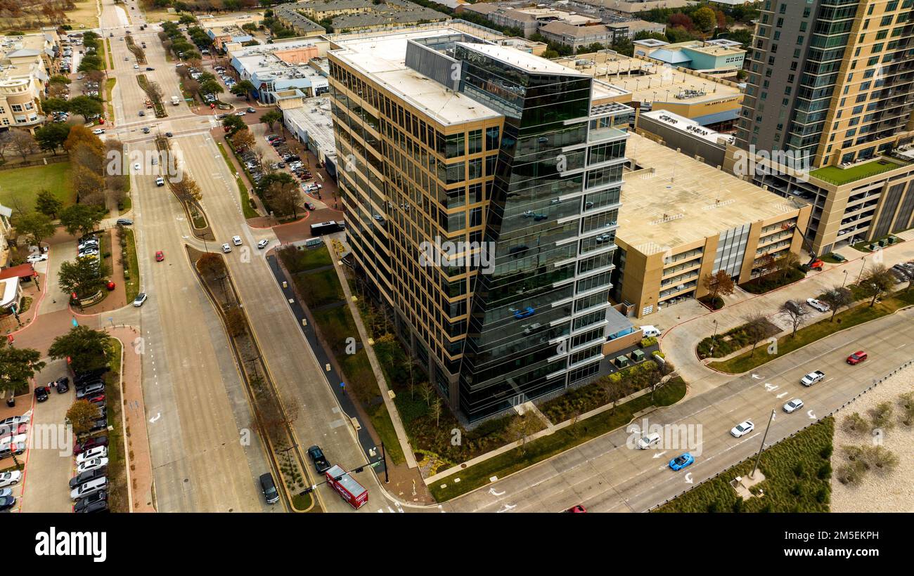 An aerial view of buildings and highways with cars in Dallas Stock