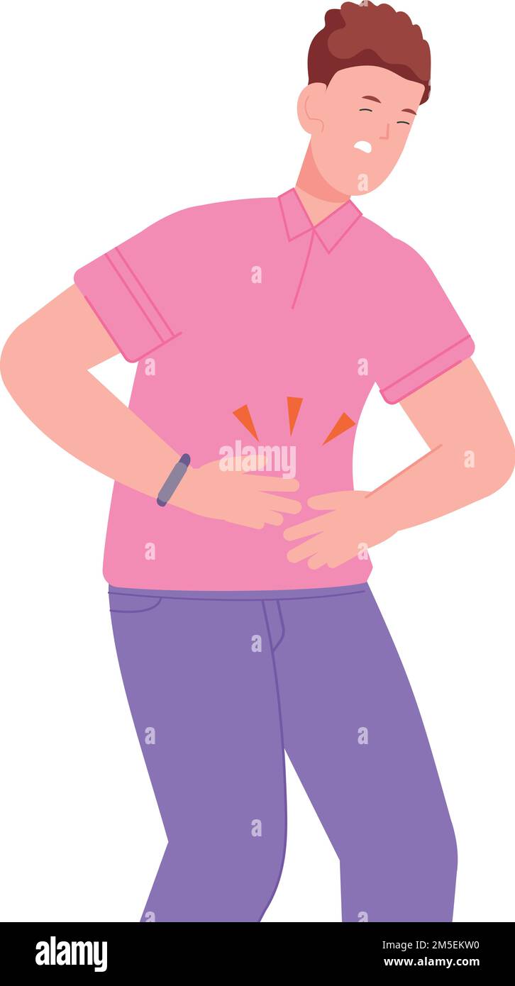 Young man with abdominal pain. Stomach ache person isolated on white