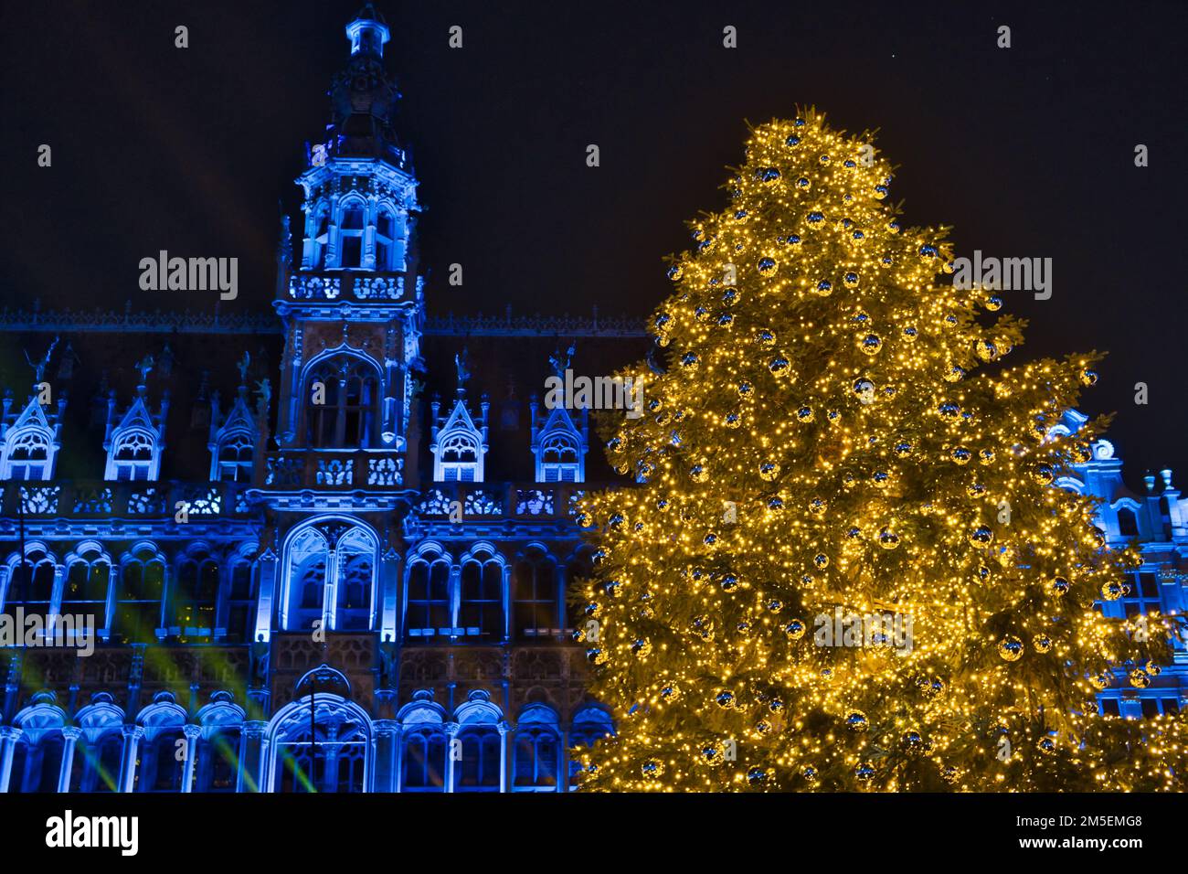 Detail of the facade of the gothic building with the Christmas tree with colored light Stock Photo