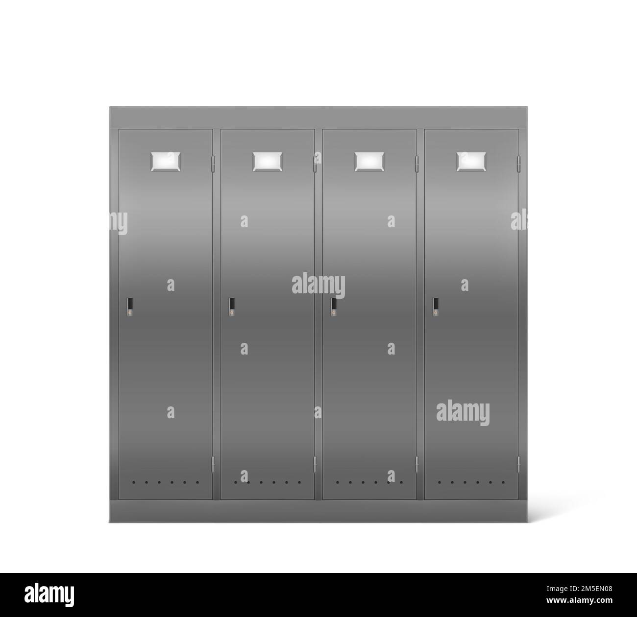 Steel lockers in school corridor or changing room in gym. Vector realistic interior with individual metal cabinets with closed doors in sport or fitness club. Security storage in public room Stock Vector