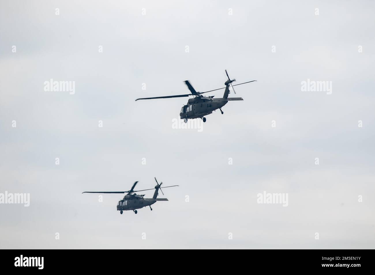 MIHAIL KOGALNICEANU AIR BASE, Romania –3rd Battalion, 227th Aviation Regiment, 1st Air Cavalry Brigade UH60 Blackhawks depart the airfield carrying Soldiers of the Royal Netherlands 13th Air Assault Battalion, 11th Air Assault Brigade during Rapid Falcon, MK Air Base, Romania, March 8, 2022.    Rapid Falcon is designed as a joint multinational exercise to increase operability and joint reaction capacity as well as the development of functional relationships between participating structures. Stock Photo