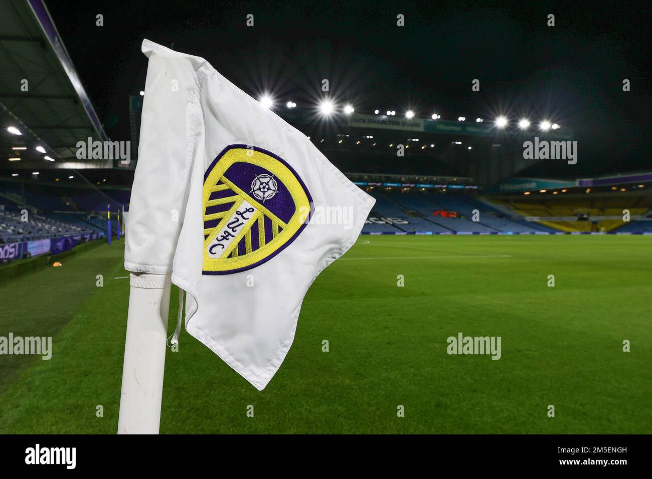 General view of the Leeds United branded corner flag at Elland Road, Home of Leeds United ahead of the Premier League match Leeds United vs Manchester City at Elland Road, Leeds, United Kingdom, 28th December 2022  (Photo by Mark Cosgrove/News Images) Stock Photo