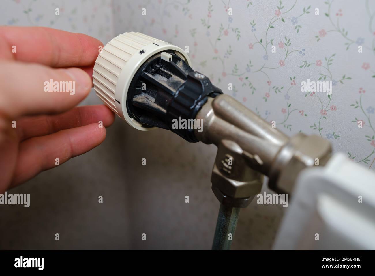 Rising heating costs in crisis, man regulates the temperature at home with the heating thermostat to save energy, close up Stock Photo