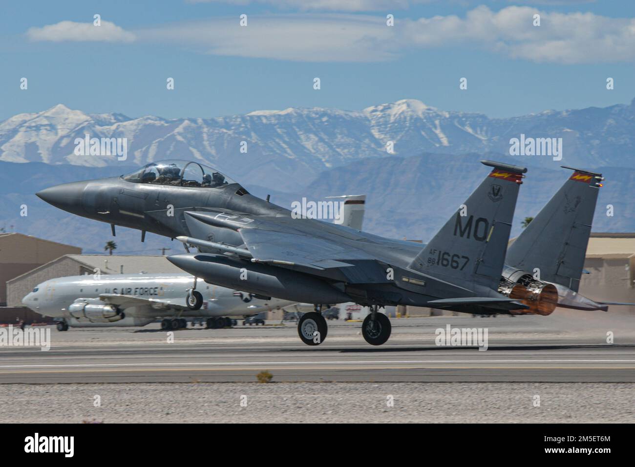 A U.S. Air Force F-15E Strike Eagle from the 389th Fighter Squadron, Mountain Home Air Force Base, Idaho, lifts off for the Nevada Test and Training Range as part of Red Flag-Nellis 22-2 on Nellis Air Force Base, Nevada, March 9, 2022. The Nevada Test and Training Range is the U.S. Air Force’s premiere military training area with more than 12,000 square miles of airspace. Stock Photo