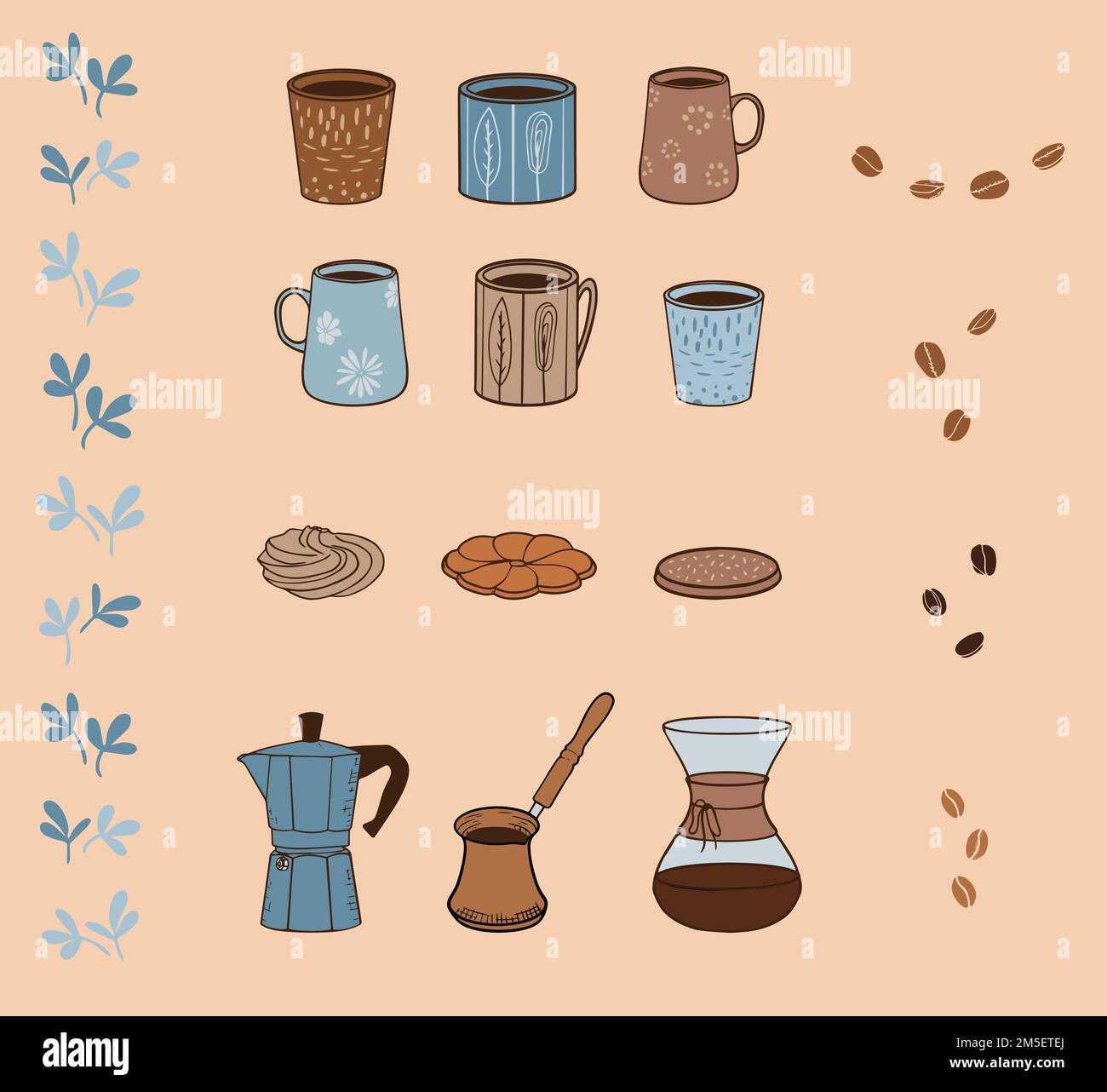 Coffee themed icons set. Beans, cups, cookies, manual brewers. Vector illustration. Great for coffee shop, cafe, fika accessories Stock Vector
