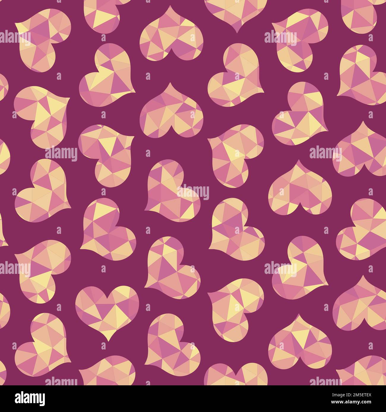 Hearts textured with triangles, seamless vector pattern, shades of warm pink and yellow. Great for backgrounds, textile, packaging Stock Vector