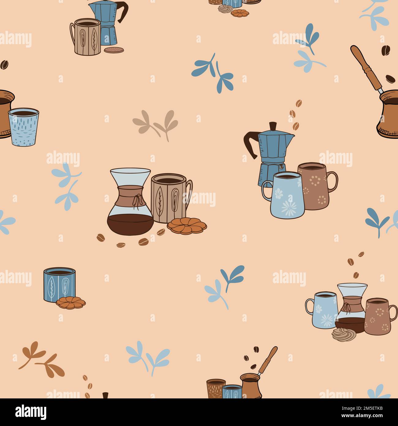 Coffee themed seamless vector pattern. Cups, cookies, coffee beans, manual coffee brewers. Vector illustration. Great for coffee shop, cafe, fika accessories Stock Vector