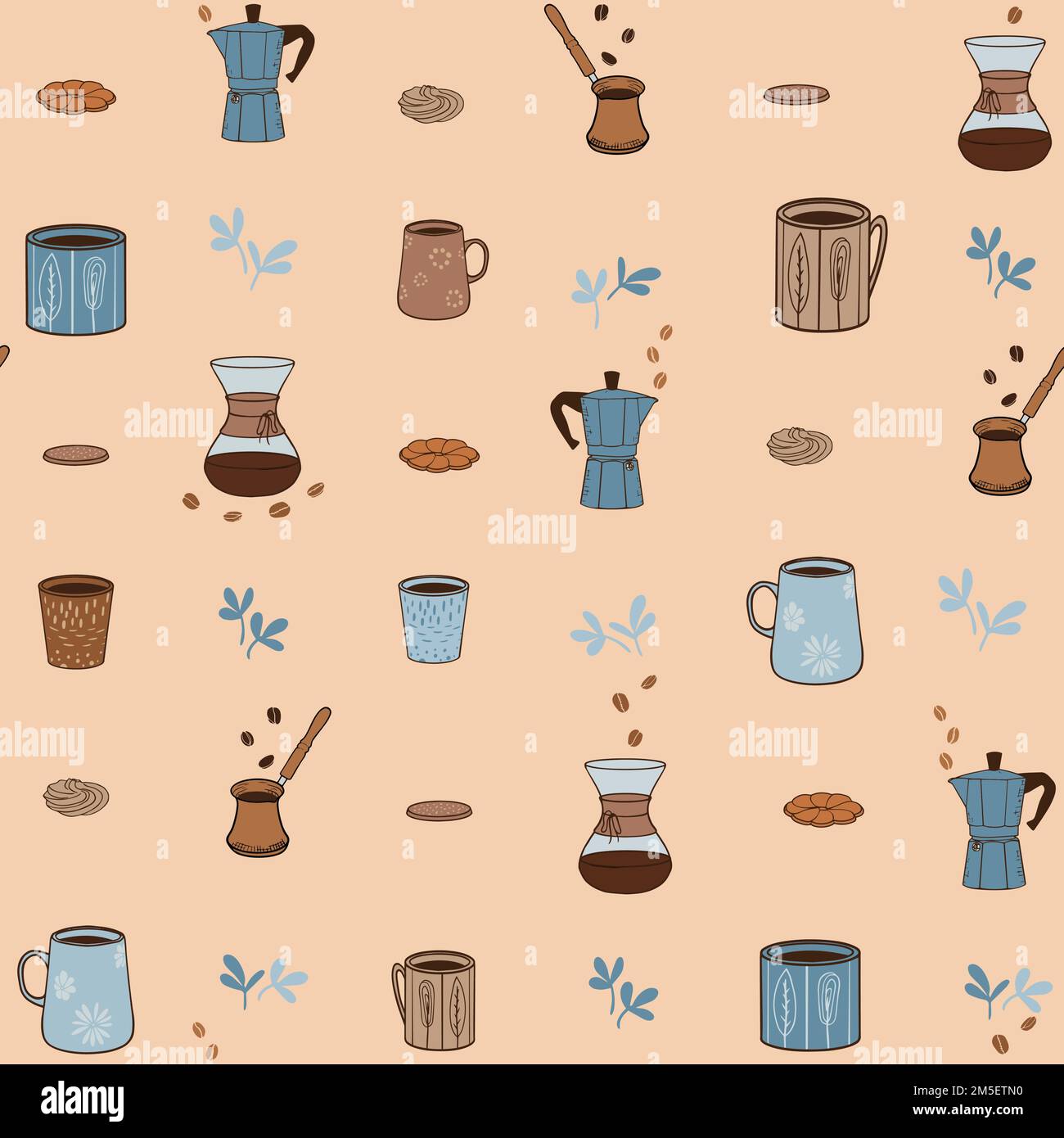 Coffee themed seamless vector pattern. Cups, cookies, coffee beans, manual coffee brewers. Vector illustration. Great for coffee shop, cafe, fika accessories Stock Vector