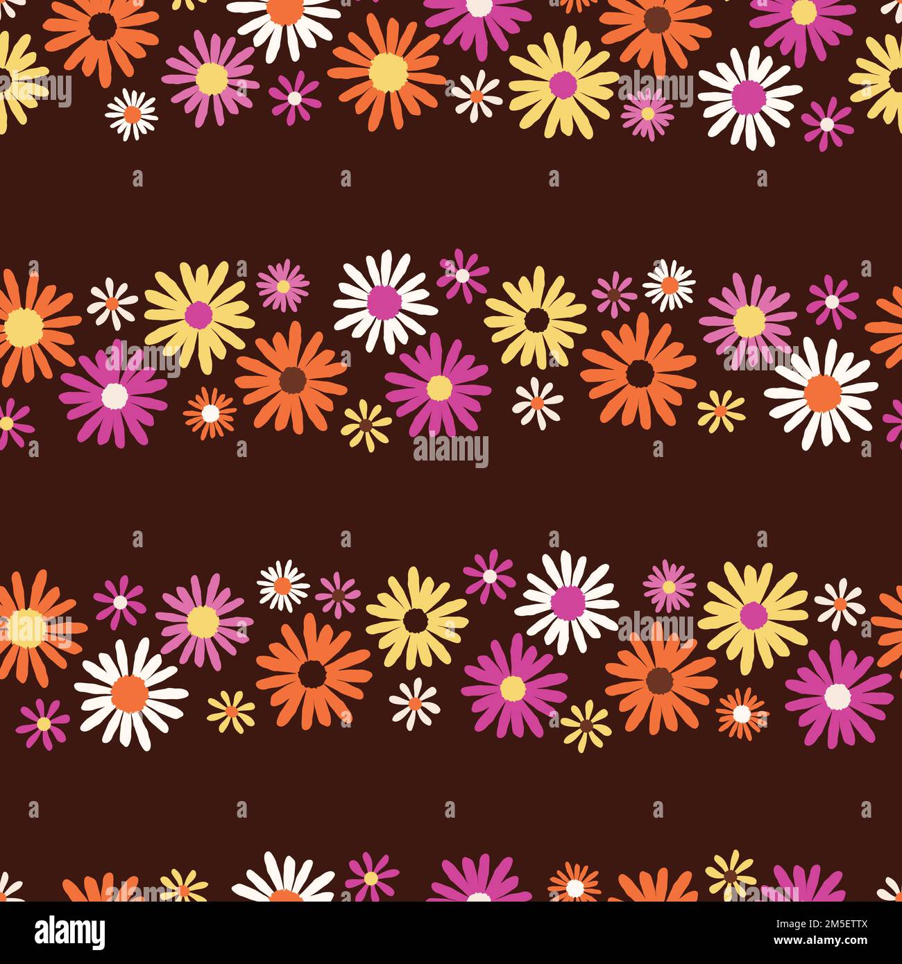 Retro colored floral stripes seamless vector pattern, on brown background. Vector illustration Stock Vector