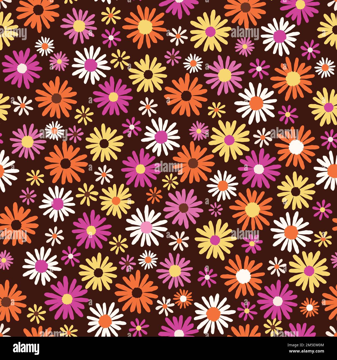 Retro colored floral seamless vector pattern, on brown background. Vector illustration Stock Vector