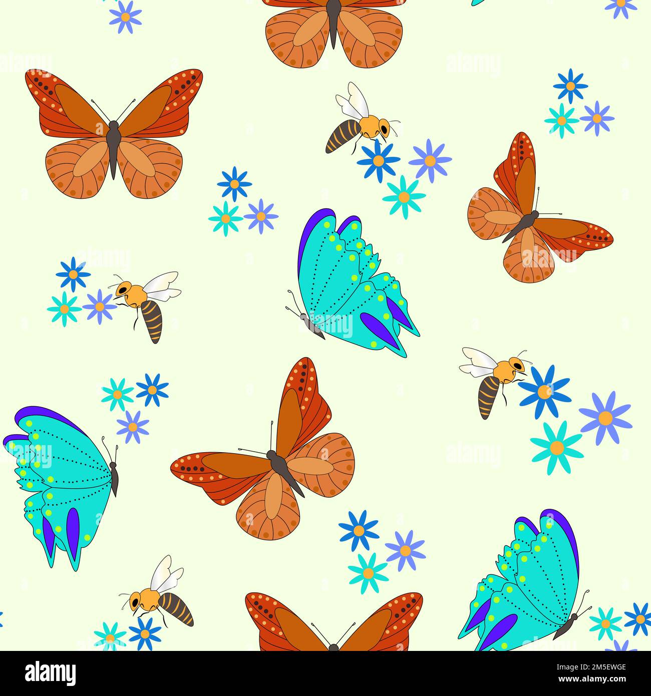 Spring seamless vector pattern. Butterflies flowers and bees on a light ...