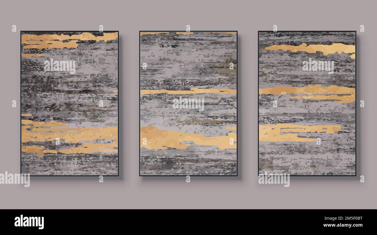 An illustrated design of three abstract colorful paintings hung on a gray wall Stock Vector