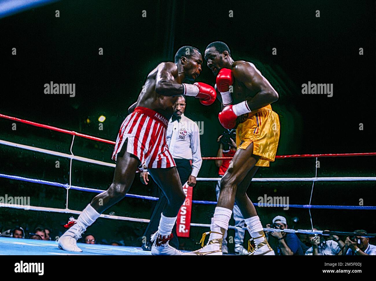 Sugar Ray Leonard vs.Thomas Hearns fight to a draw in "The War" for the WBC and WBO super