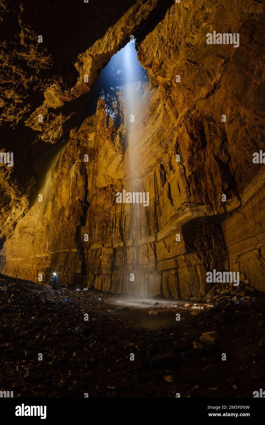 The main cavern of Gaping Gill cave near Ingleborough in North Yorkshire Stock Photo