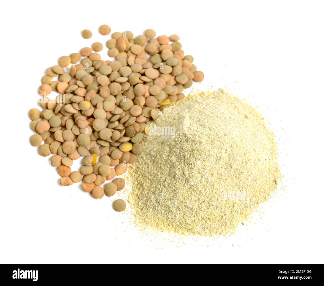Lentils flour with Lentil grains isolated on white background Stock