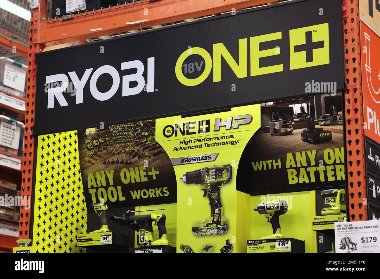 Honolulu, HI - December 27, 2022: Ryobi one+ power tool display at hardware retailer Home Depot Stock Photo