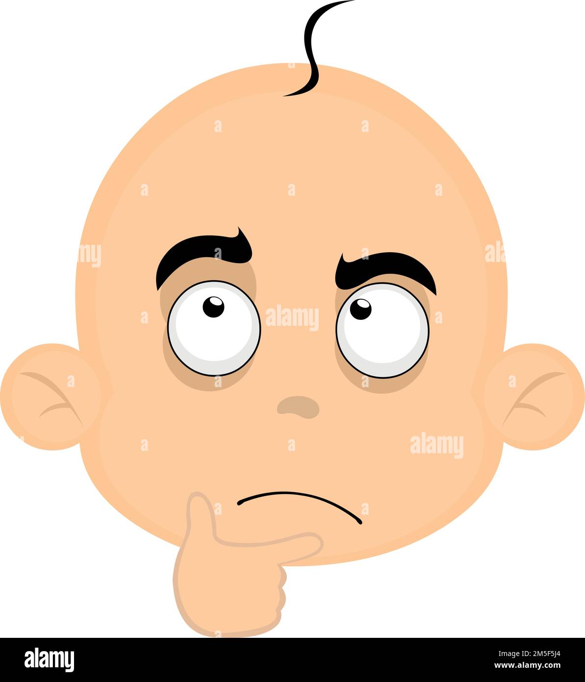 vector illustration of the face of a baby cartoon with a thinking expression or doubt, with the hand on the chin Stock Vector