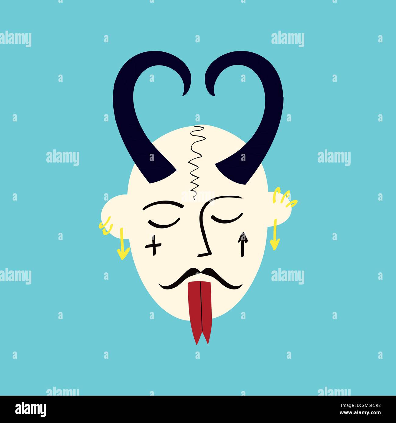 Funky demon head with a creepy ugly face. Freaky Bizarre demon with horns. Vector illustration Stock Vector