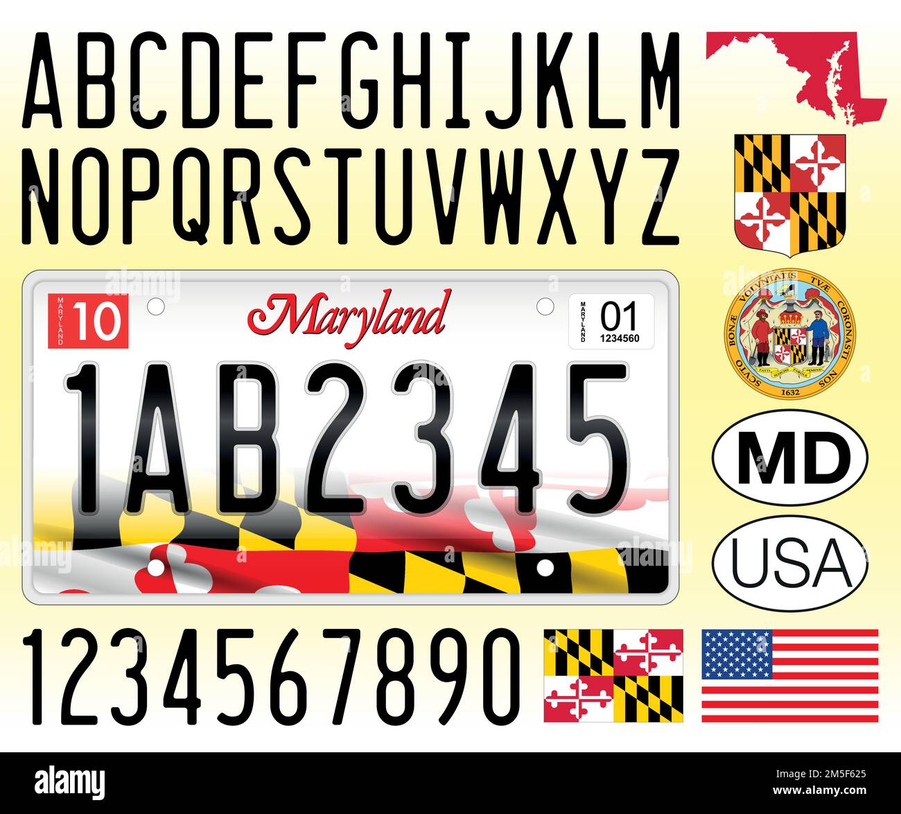 Maryland car license plate, USA, letters, numbers and symbols, vector