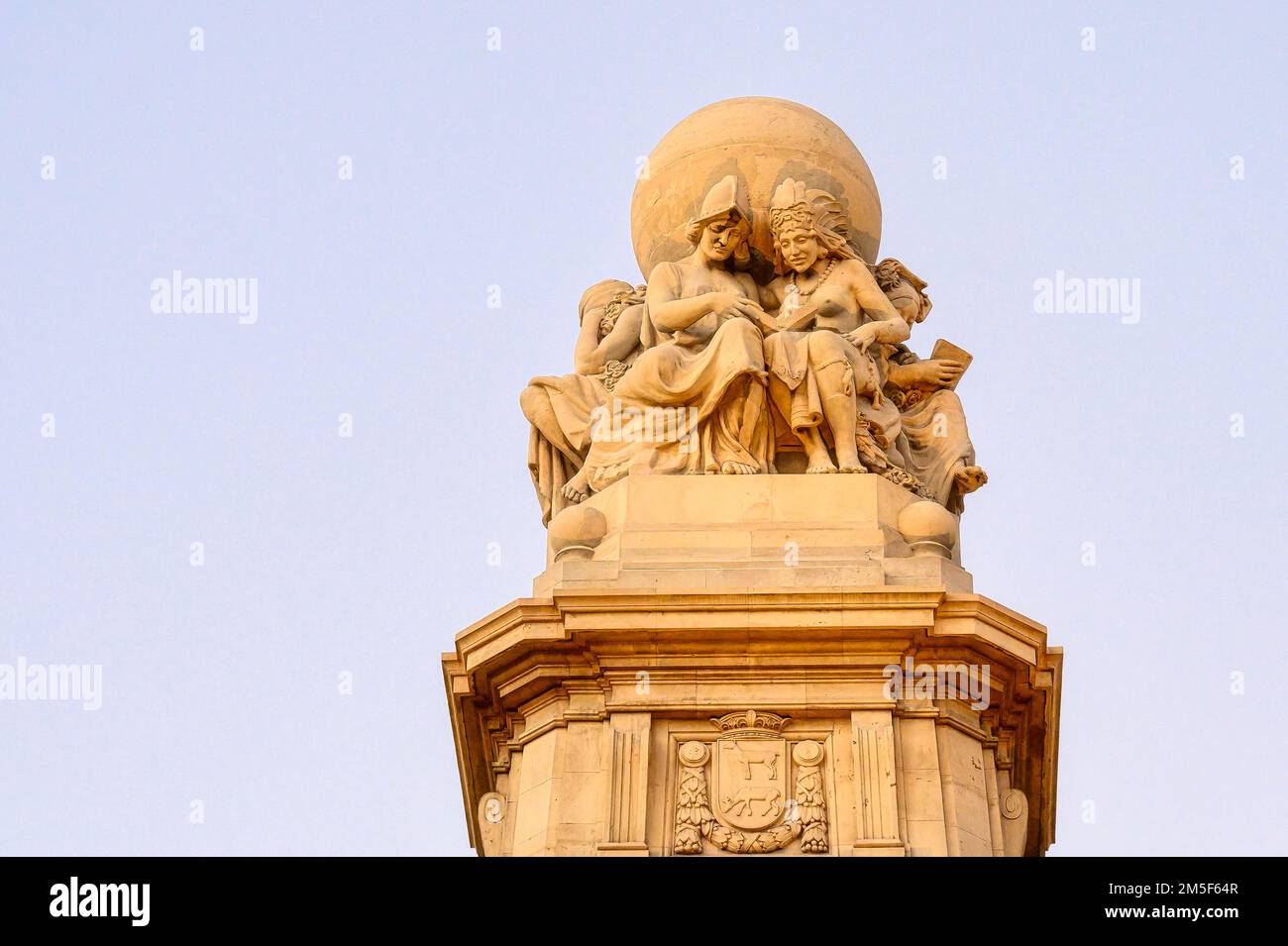 Monument to Miguel de Cervantes Saavedra. Stone sculpture on top of the famous sculpture. Stock Photo