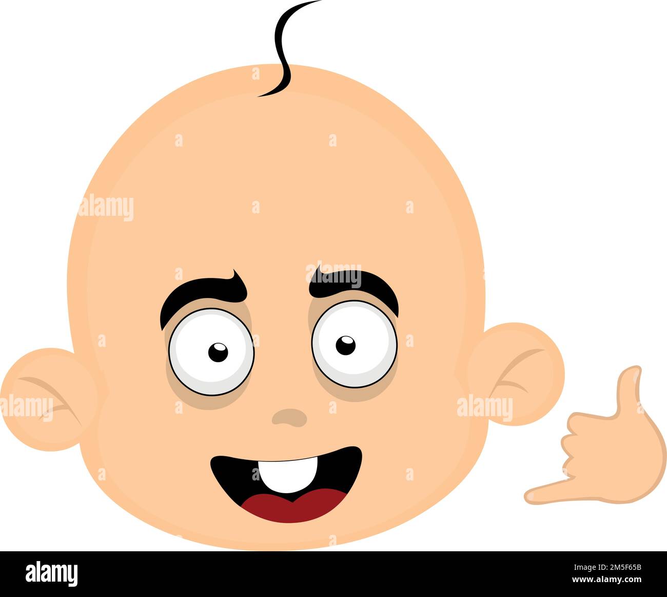 vector illustration of the face of a baby cartoon with a cheerful expression, making the classic gesture with his hand to call me by phone or shake Stock Vector