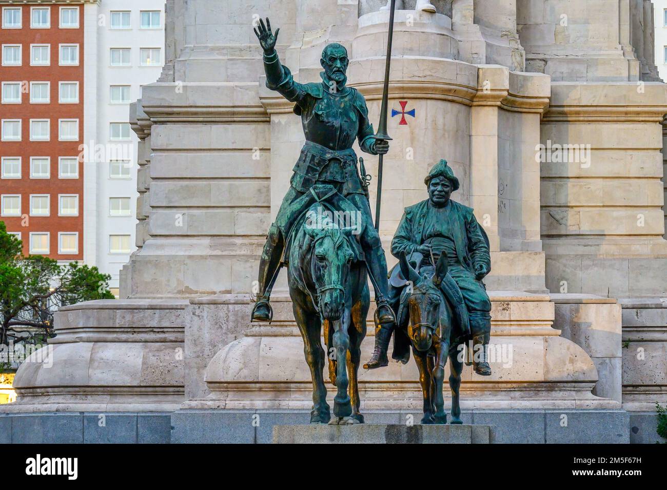 Monument to Miguel de Cervantes Saavedra. Metal sculpture of Don Quixote and his squire Sancho Panza Stock Photo