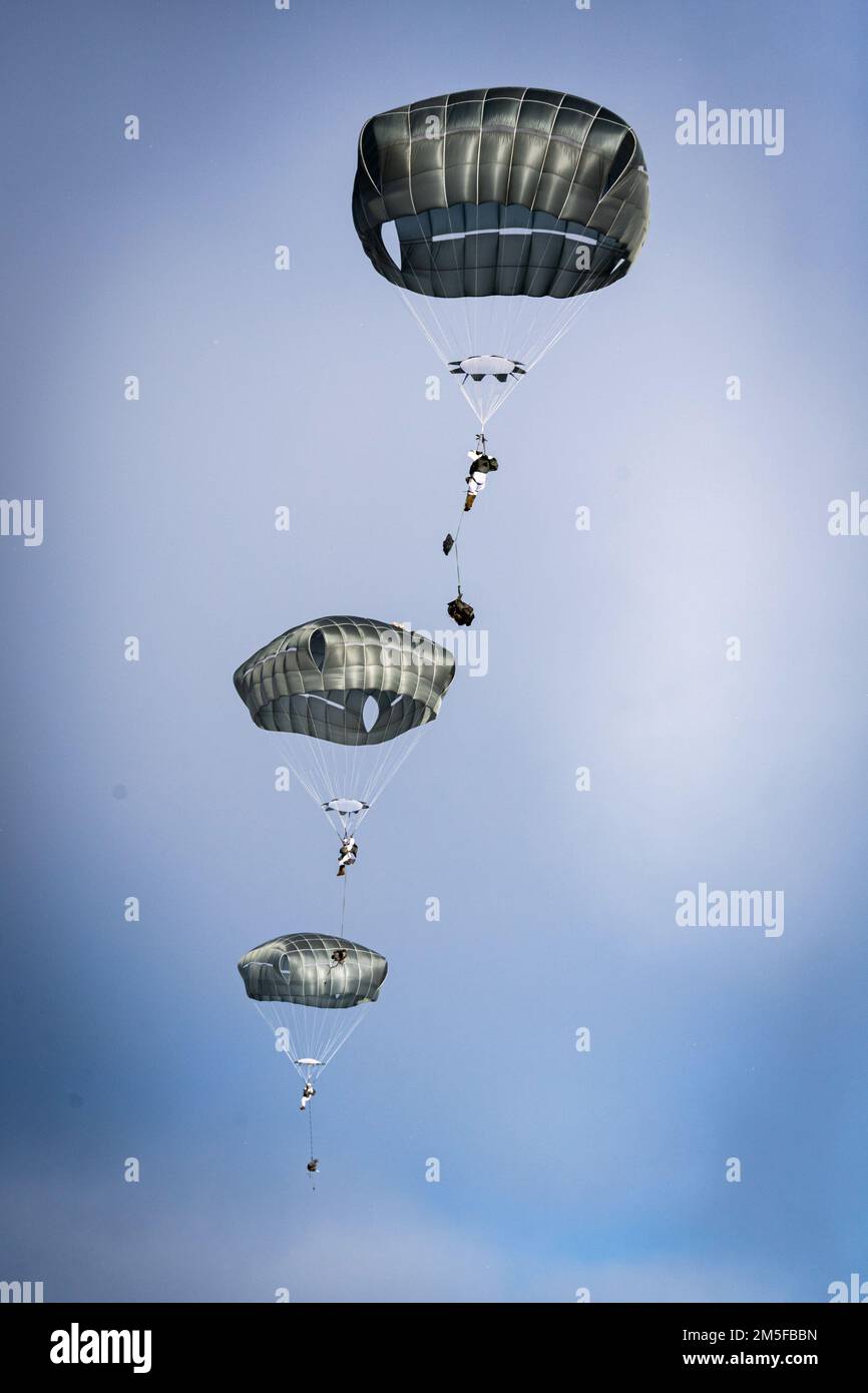 Members of the United States Army Alaska along with members of the 3rd Battalion, Royal 22e Régiment Canadian Army parachute to the ground after jumping out of C-130 and C-17 aircrafts over the training area of Fort Greenly in Alaska USA during Exercise Joint Pacific Multinational Readiness Center 22-02 on March 12, 2022.  Please Credit Master Sailor Dan Bard Canadian Forces Combat Camera Stock Photo