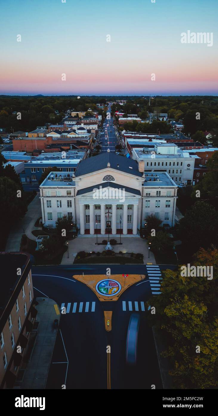 A drone vertical sunset view over Lincolnton courthouse in United